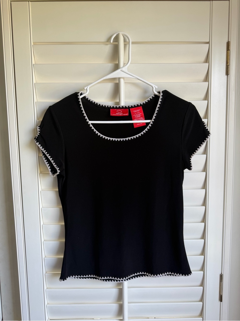 Oscar de la Renta Black Short-Sleeve Top with White Trim size Petite Small